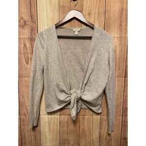 Garnet Hill Small 100% grey cashmere open front cardigan tie bottom